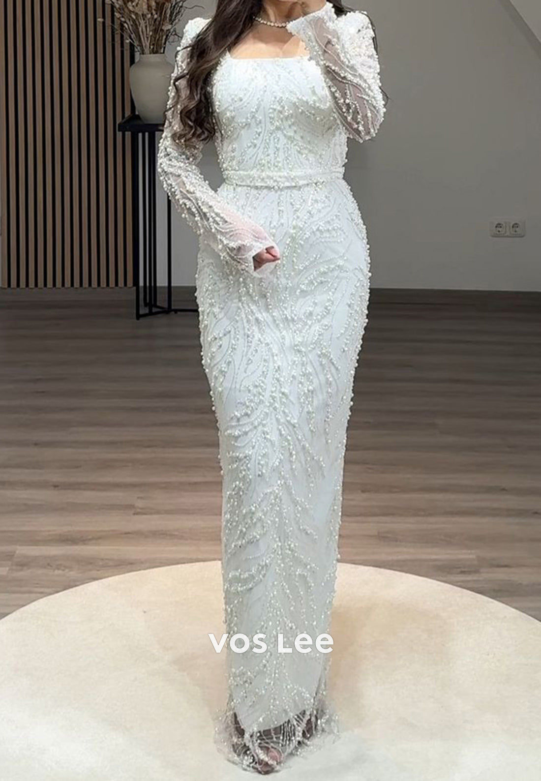Column Floor-Length Square Long Sleeve Beading Glitter Split Formal Evening Dresses