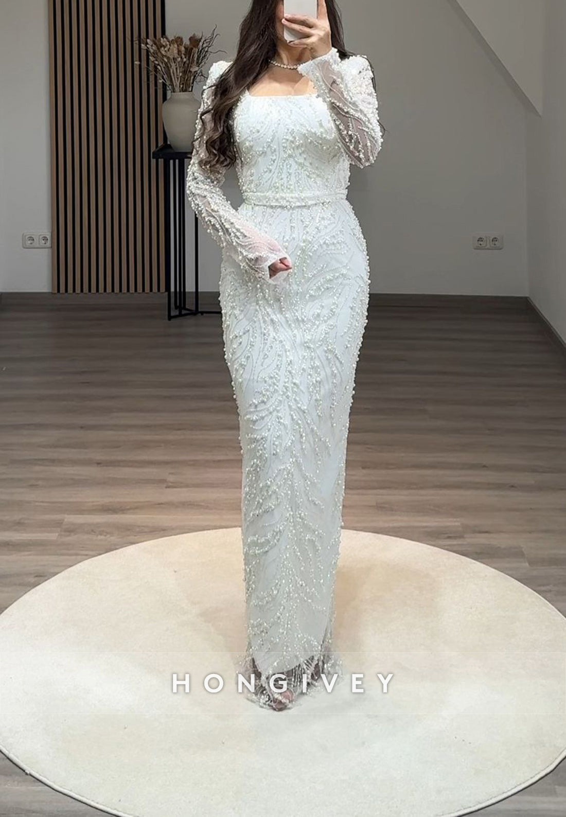 Column Floor-Length Square Long Sleeve Beading Glitter Split Formal Evening Dresses