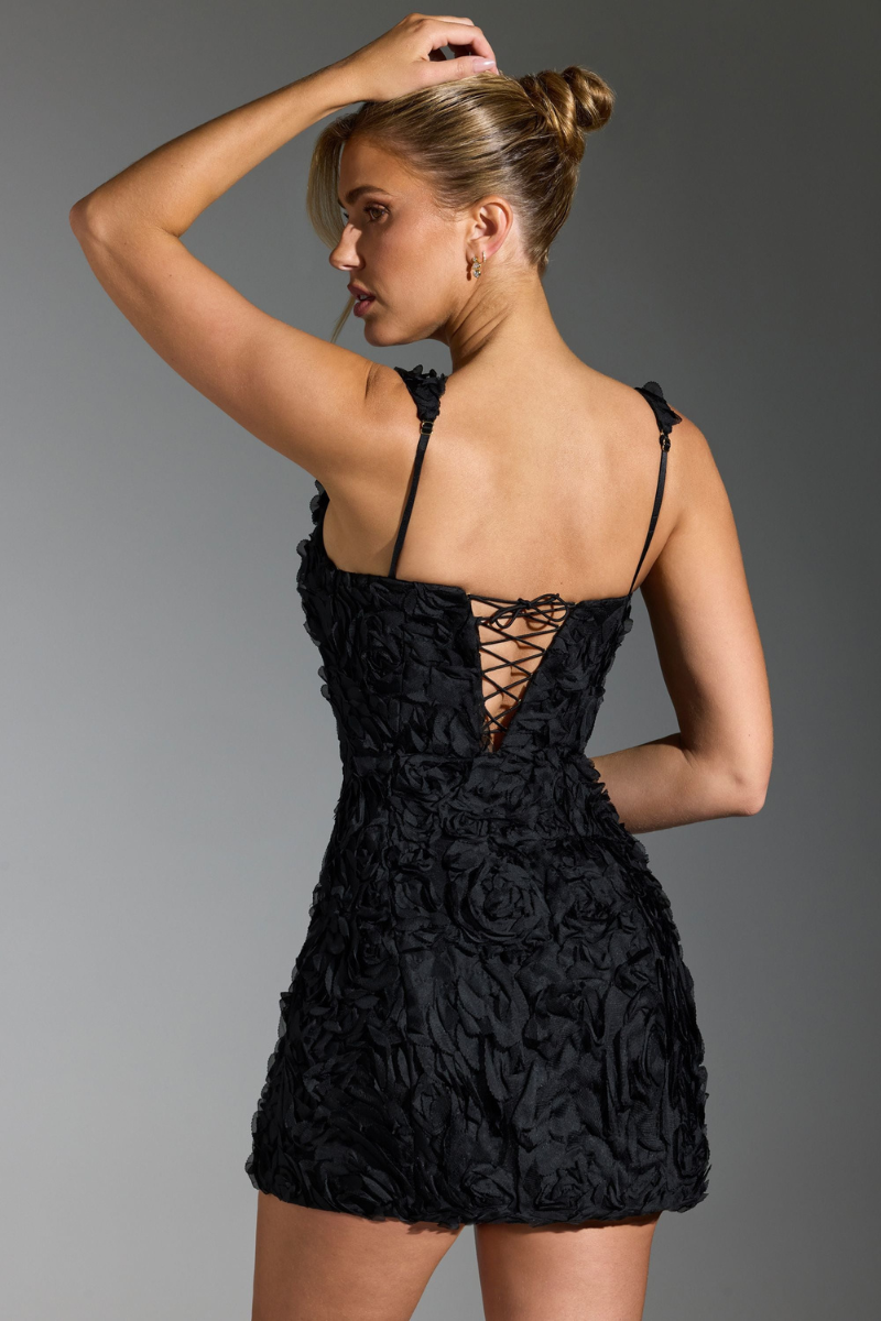 Marta Boutique Floral Lace Up Square Neck Mini Dress in Black Premium Wardrobe Essential