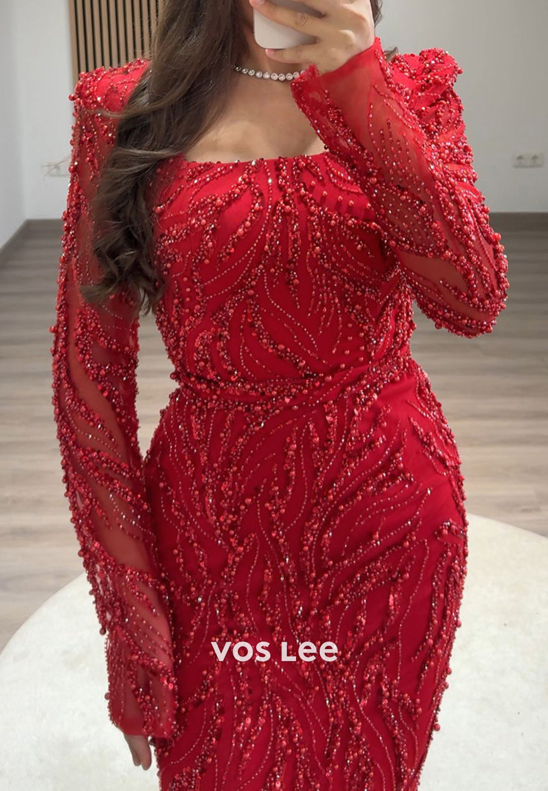 Column Floor-Length Square Long Sleeve Beading Glitter Split Formal Evening Dresses
