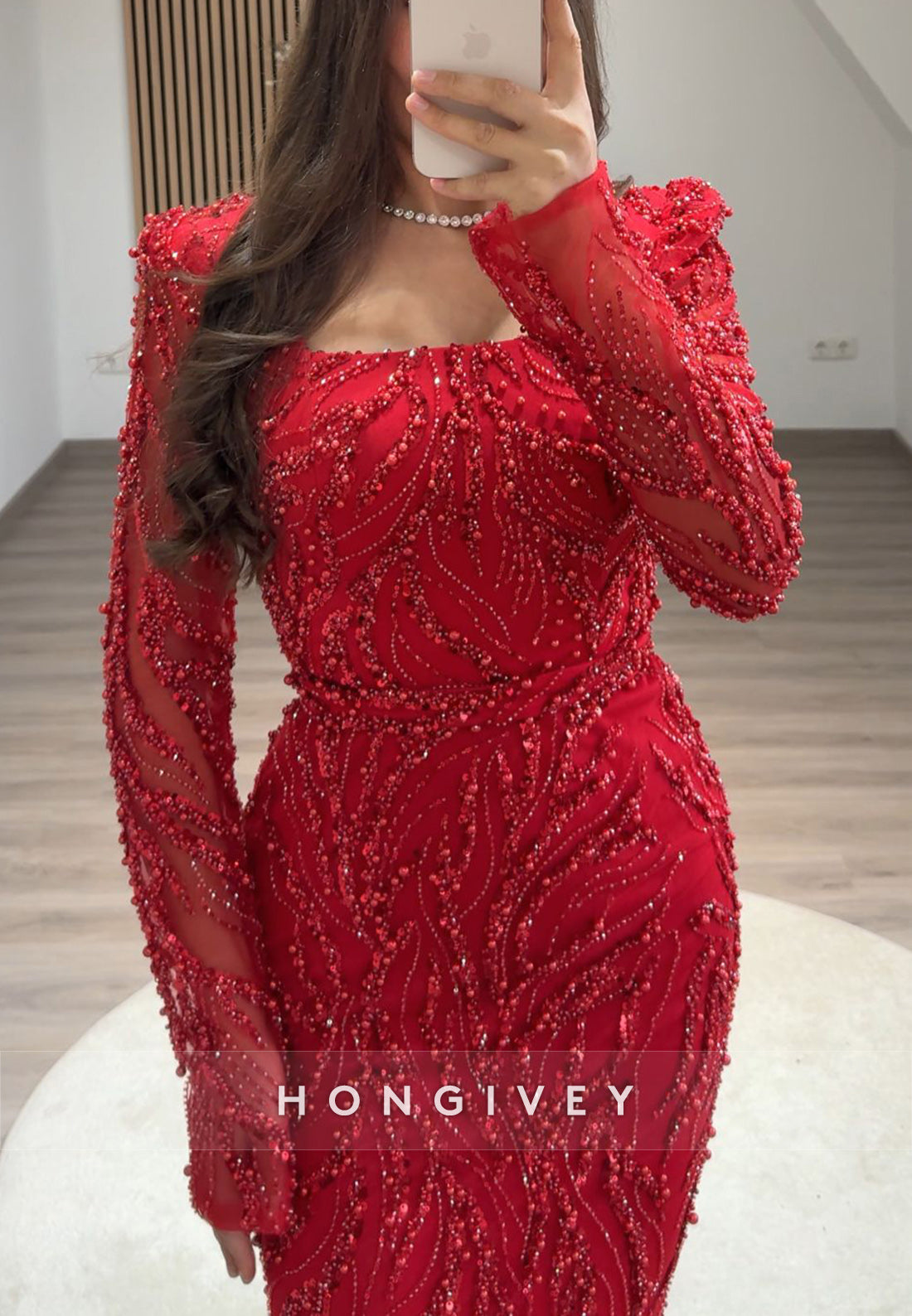 Column Floor-Length Square Long Sleeve Beading Glitter Split Formal Evening Dresses