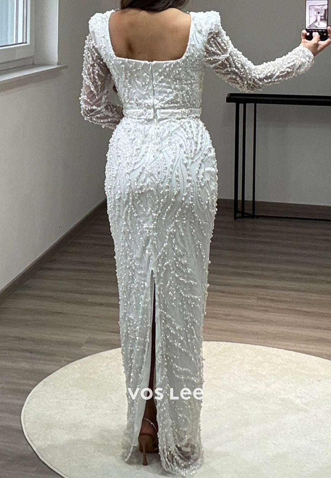 Column Floor-Length Square Long Sleeve Beading Glitter Split Formal Evening Dresses