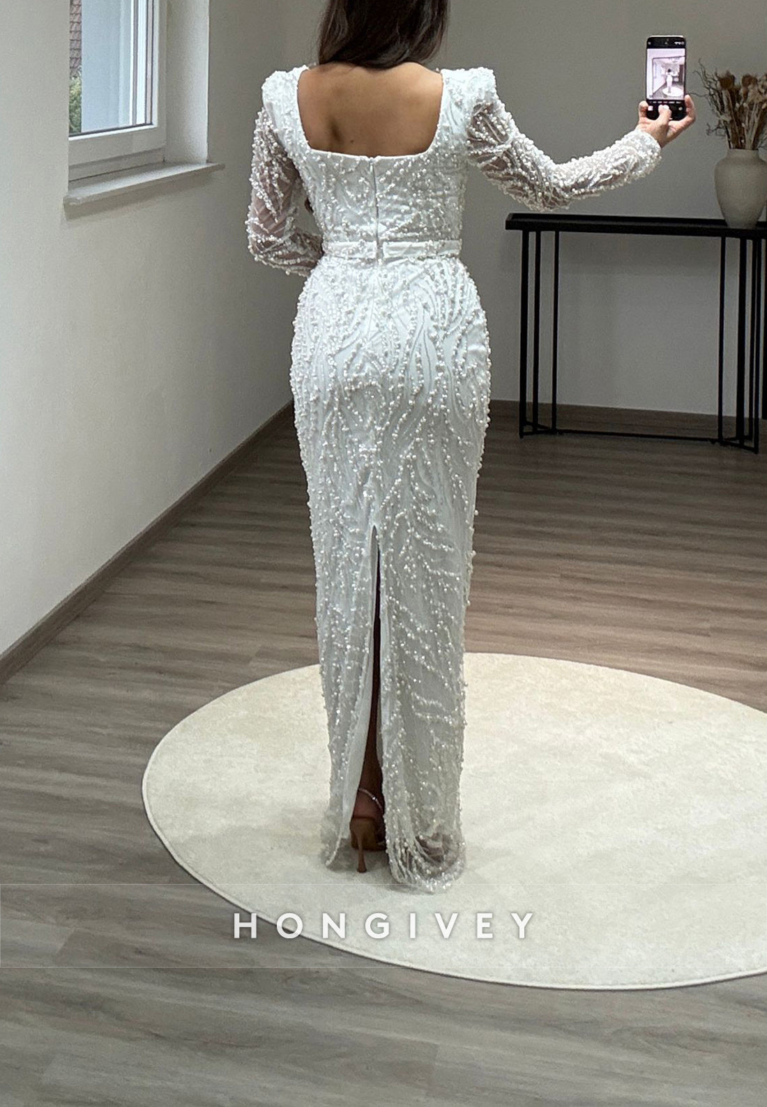 Column Floor-Length Square Long Sleeve Beading Glitter Split Formal Evening Dresses