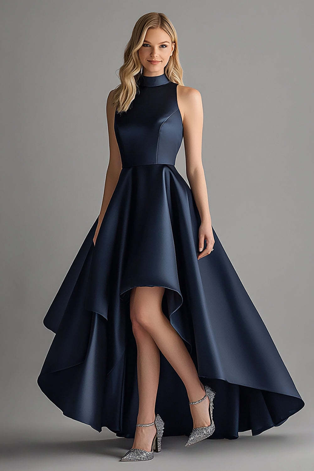 Asymmetrical Navy Wedding Guest Dress A Line High-Low Formal Dress
