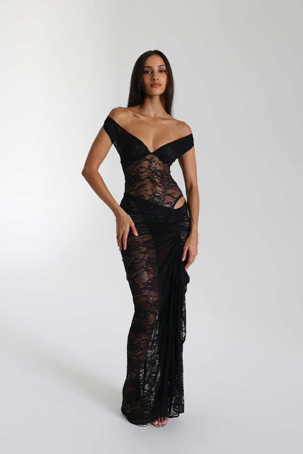 Miran - See - Through Lace Off - Shoulder Maxi Dress
