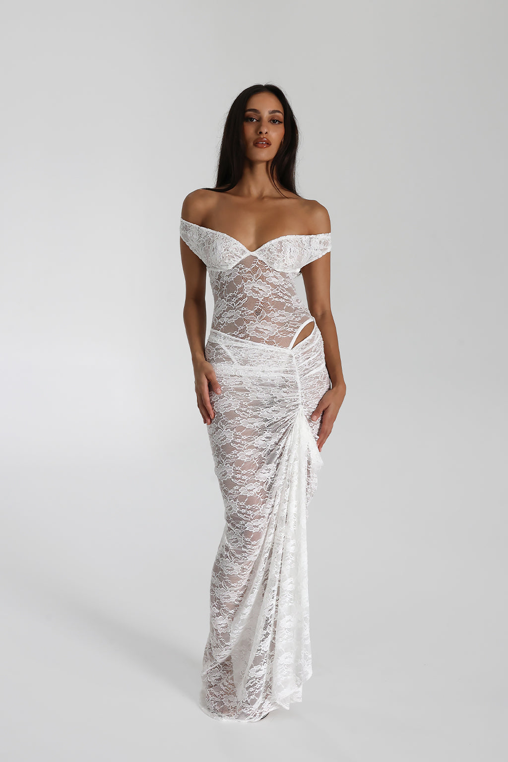 Miran - See - Through Lace Off - Shoulder Maxi Dress
