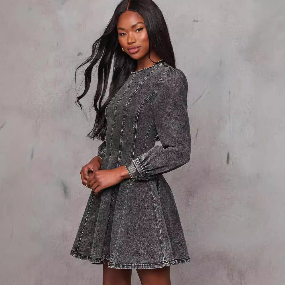 Casual Patchwork Tight Waist Denim Long Sleeve Dress