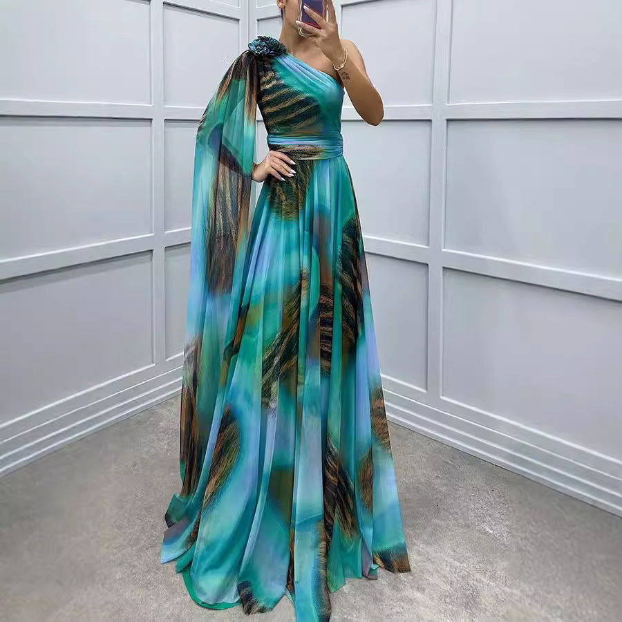 Chiffon Printed Sloping Shoulder Dress Casual Loose Party Dress