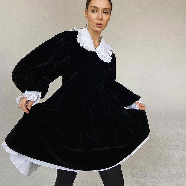 Design French Doll Collar Casual Velvet Black Dress Dress Petti dress for