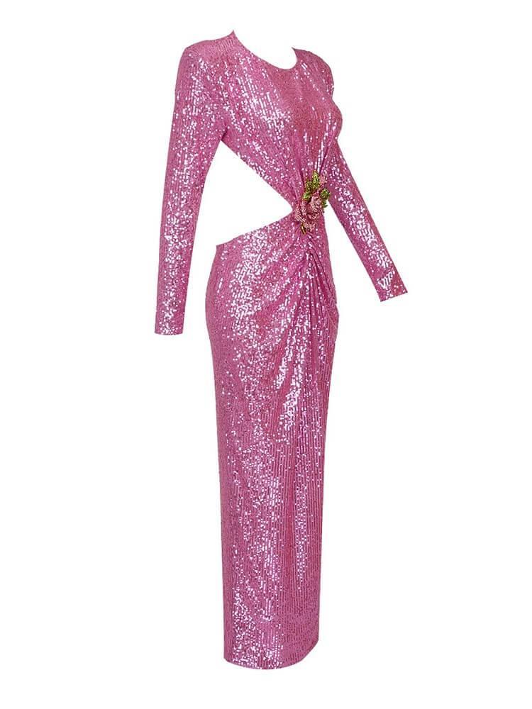 Aviva Long Sleeve Cutout Sequin Maxi Dress In Pink