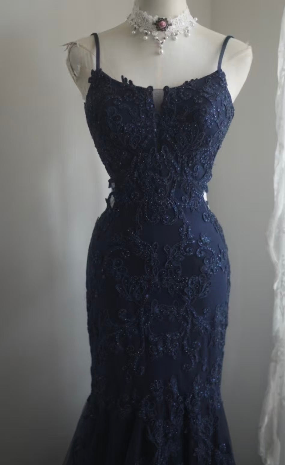 Navy Blue Mermaid Applique Long Prom Dress Formal Evening Party Dress
