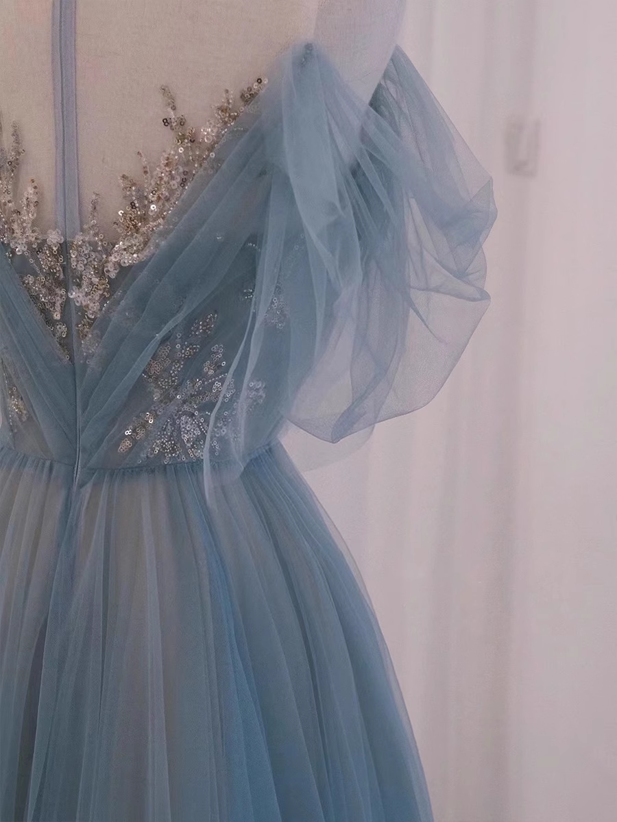 A line Straplesss Floor Length Tulle Blue Long Prom Dresses