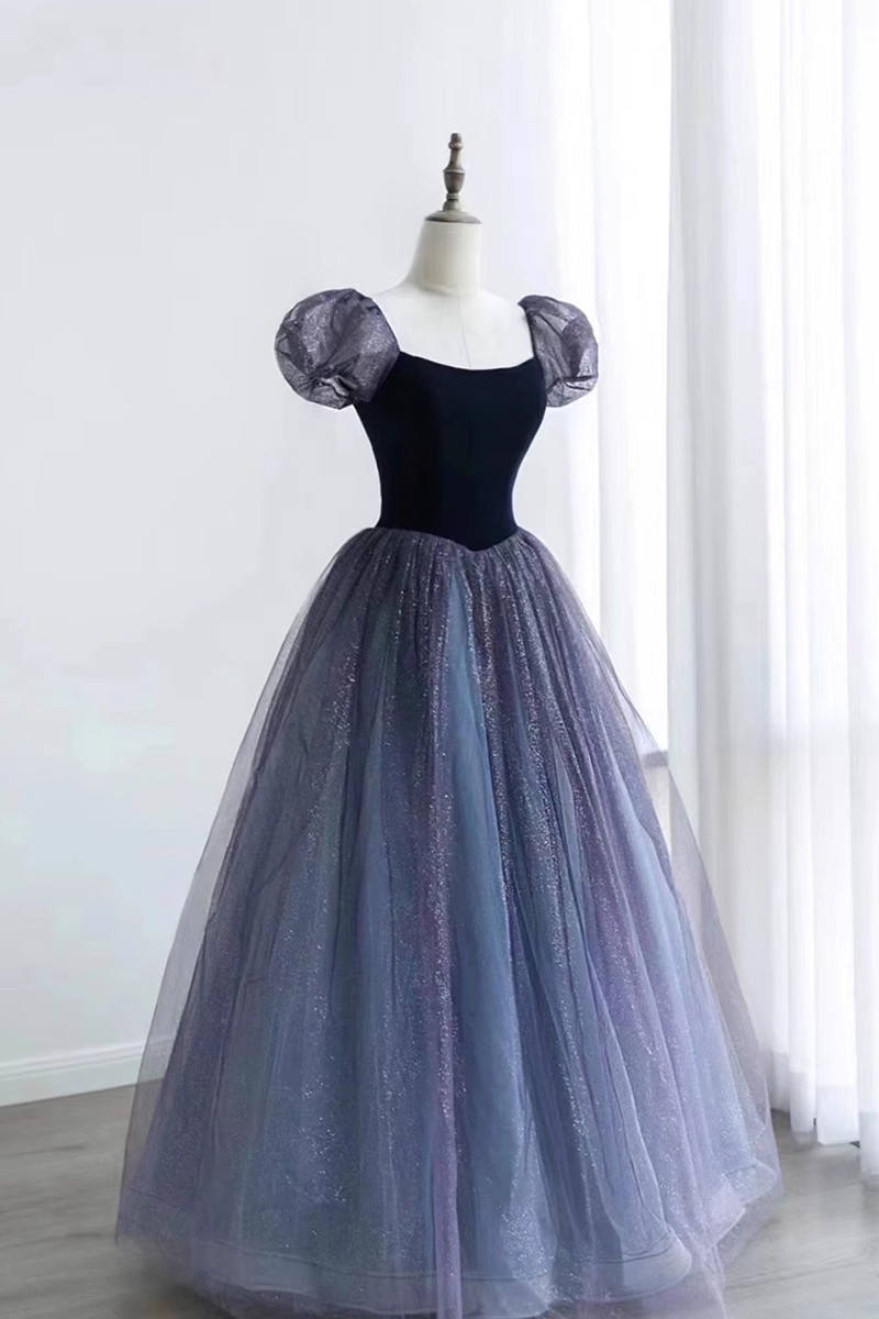 Princess Ball Gown Floor Length Short Sleeves Tulle Prom Dress