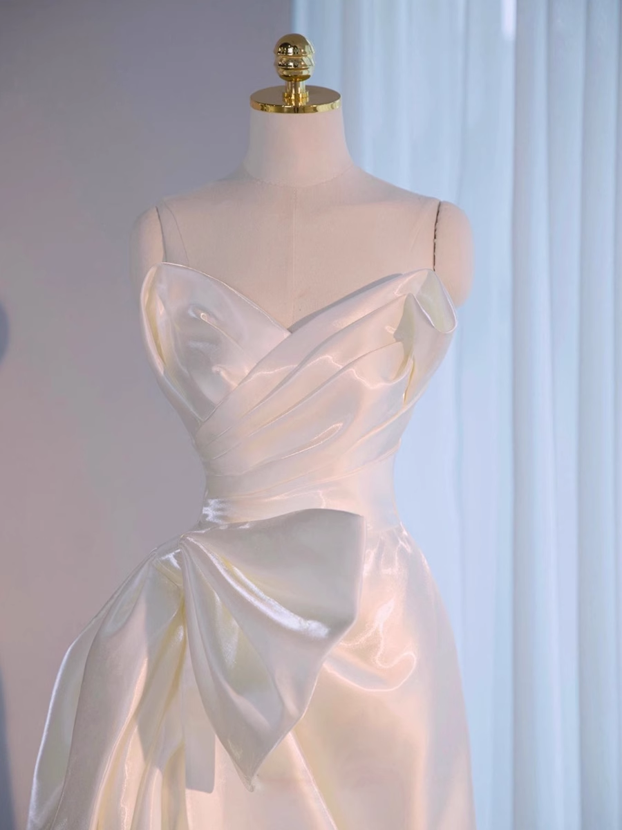 Beautiful High Low Spaghetti Straps Satin White Wedding Dresses