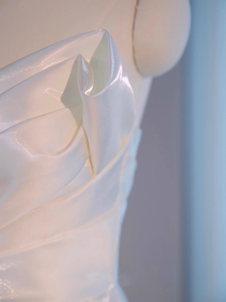 Beautiful High Low Spaghetti Straps Satin White Wedding Dresses B019