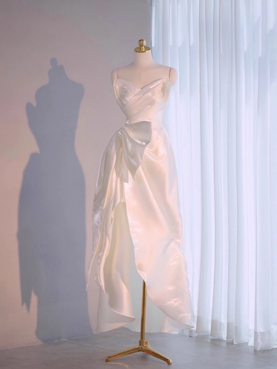 Beautiful High Low Spaghetti Straps Satin White Wedding Dresses B019