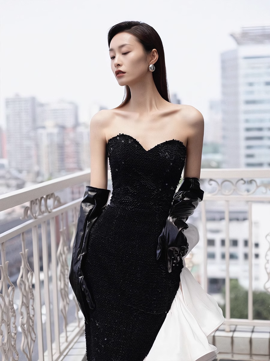 Simple Mermaid Strapless Sequin Long Prom Dresses - View 5 | FashionDia