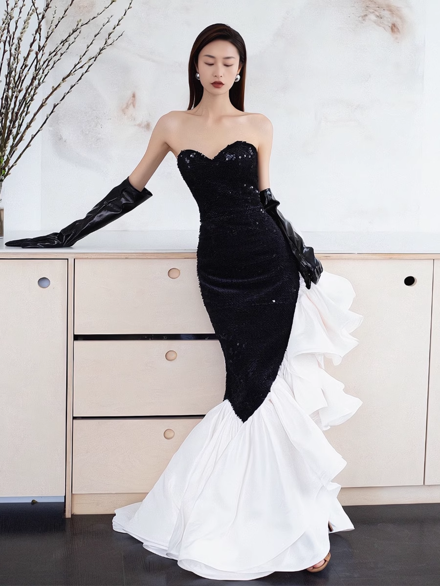 Simple Mermaid Strapless Sequin Long Prom Dresses - View 6 | FashionDia