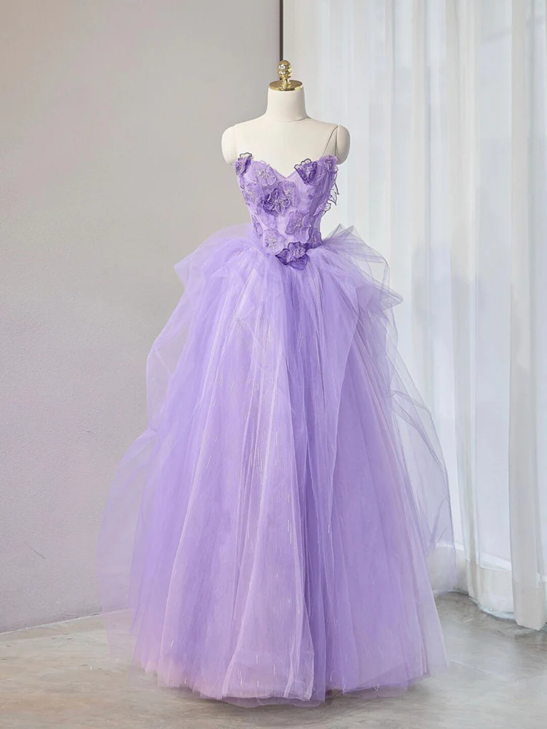 Cute Purple Sweetheart Neck Tulle Applique Long Prom Dress - FashionDia