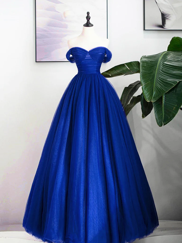 A-Line Sweetheart Neck Tulle Royal Blue Long Prom Dress - FashionDia