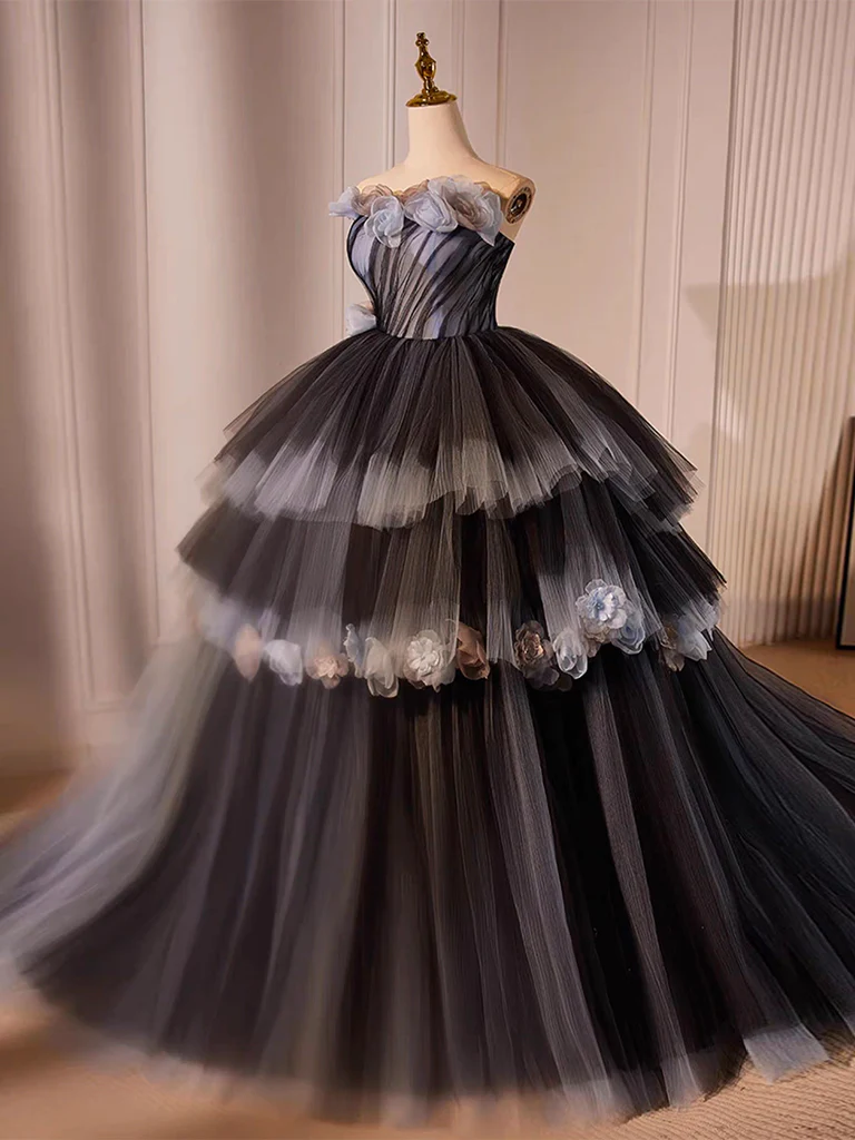 Ball Gown Black Tulle Long Prom Gown Sweet 16 Dresses B069