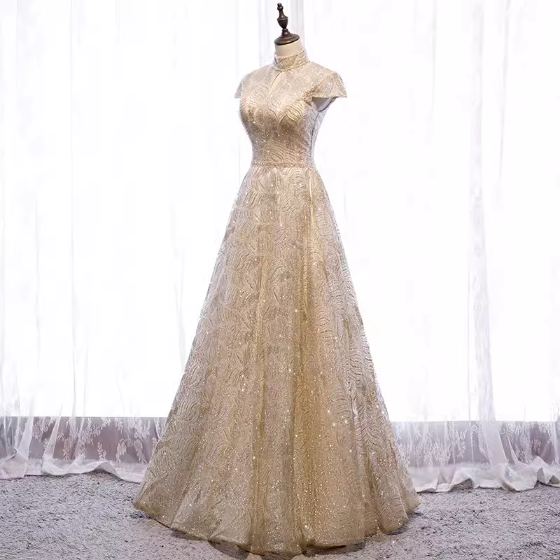 A line High Neckline Sequin Long Gold Prom Dress