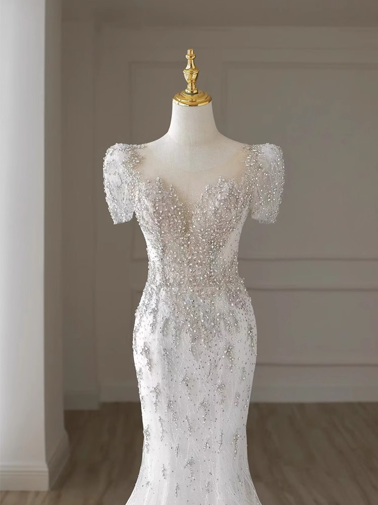 Luxury Mermaid Short Sleeves White Long Wedding Dresses B082