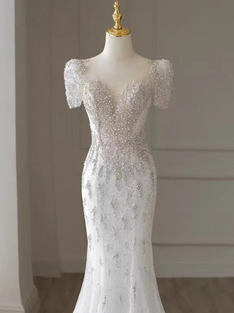 Luxury Mermaid Short Sleeves White Long Wedding Dresses B082