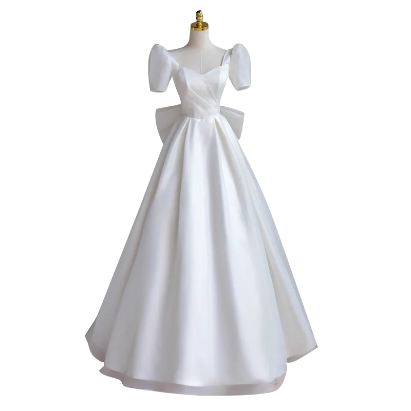 Princess A line White Satin Long Wedding Dresses B092