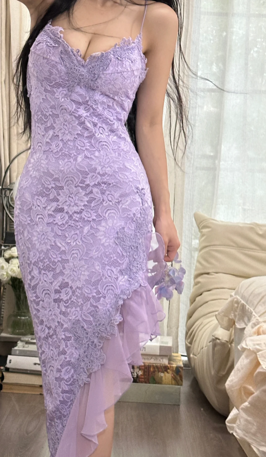 Pretty Spaghetti Straps Lavender V-Neck Lace Chiffon Ruffles Long Party Dress Birthday Dress - View 9 | FashionDia