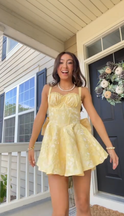 Cute Yellow Satin Print Floral A Line Short Party Dress Formal Homecoming Dress With Bow