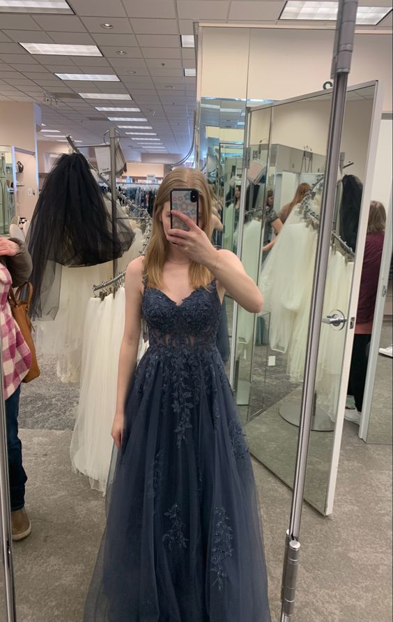 A-Line V-Neck tulle lace long prom dress, tulle formal dress - View 2 | FashionDia