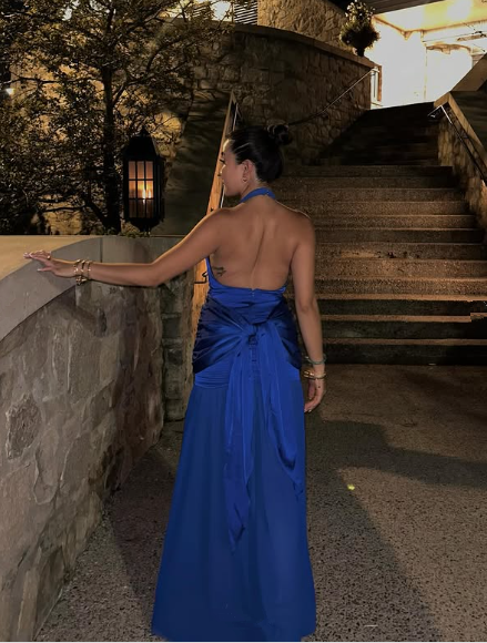 Sexy Royal Blue Halter Slit Satin Prom Dress Party Gown - View 3 | FashionDia