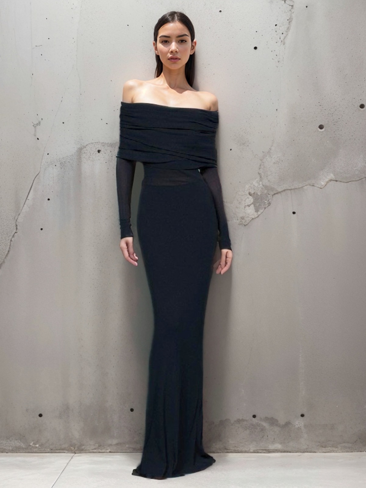 Abriella Off Shoulder Overfold Mesh Maxi Dress