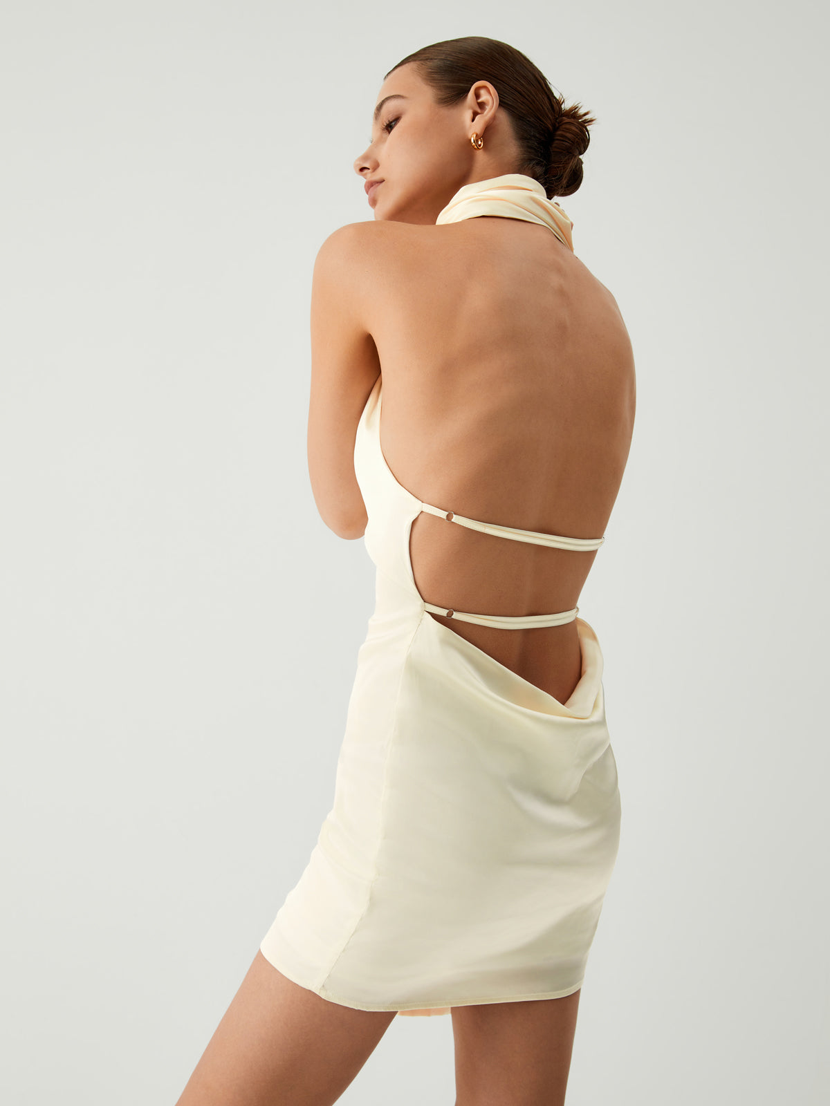 Vanilla Satin Halter Trendy Open Back Short Dress