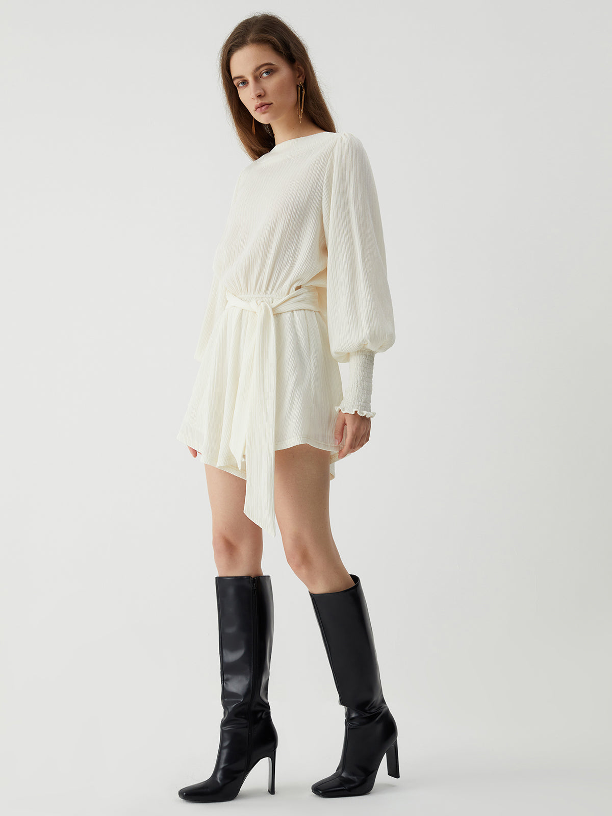 Tie Front Cowl Back Modern Long Sleeve Short Dress