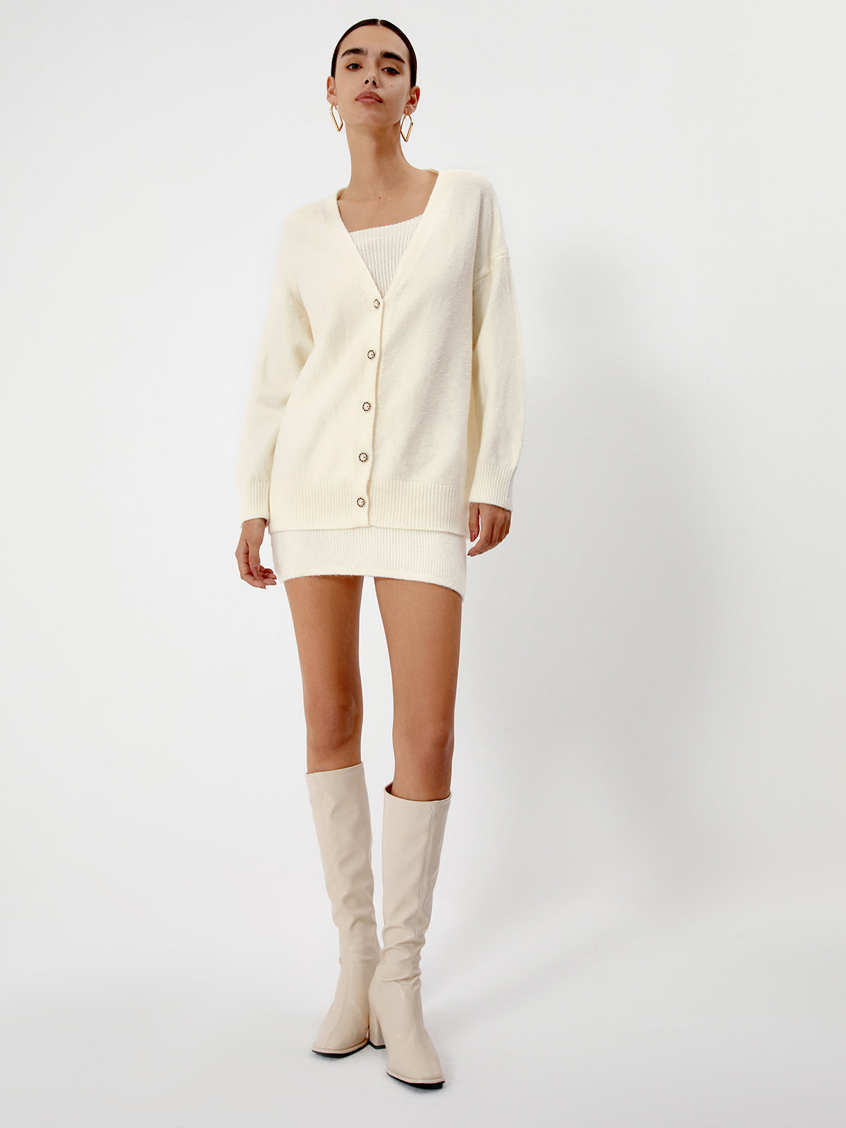 Cream Short Sweater Trendy Dress With Matching Cardigan Apricot / XS Sweaters L
