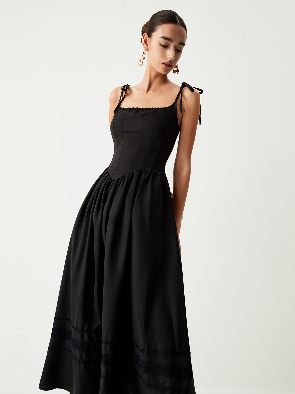 Tie Shoulder Graceful Pleated Midi Dress