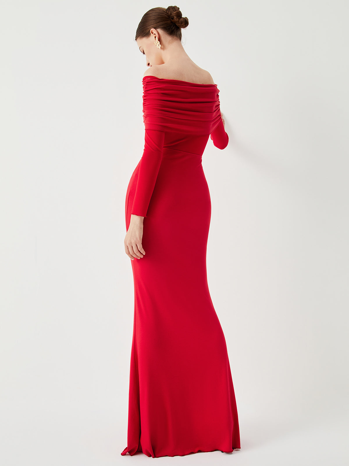 Overfold Off Shoulder Mesh Long Sleeve Long Dress