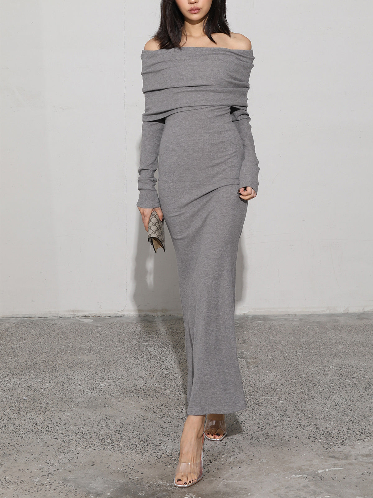 Charcoal Off Shoulder Overfold Modern Long Sleeve Long Dress