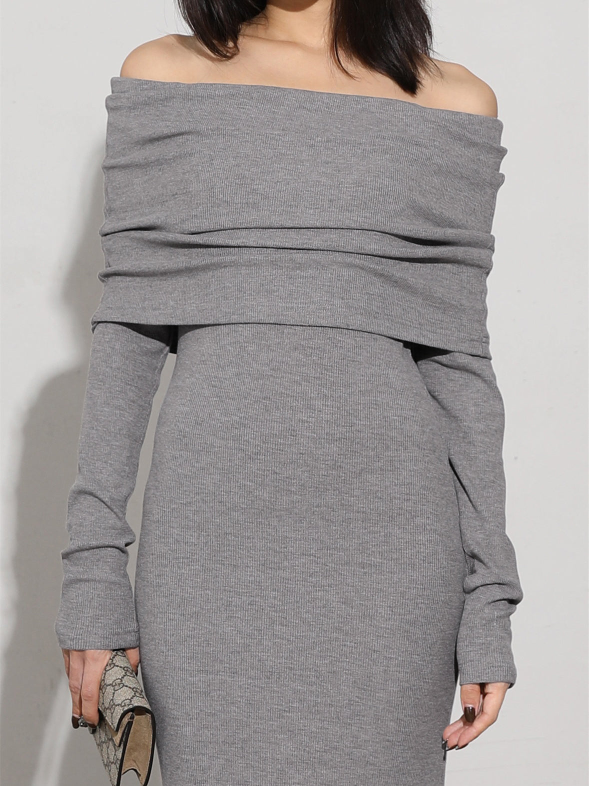 Charcoal Off Shoulder Overfold Modern Long Sleeve Long Dress