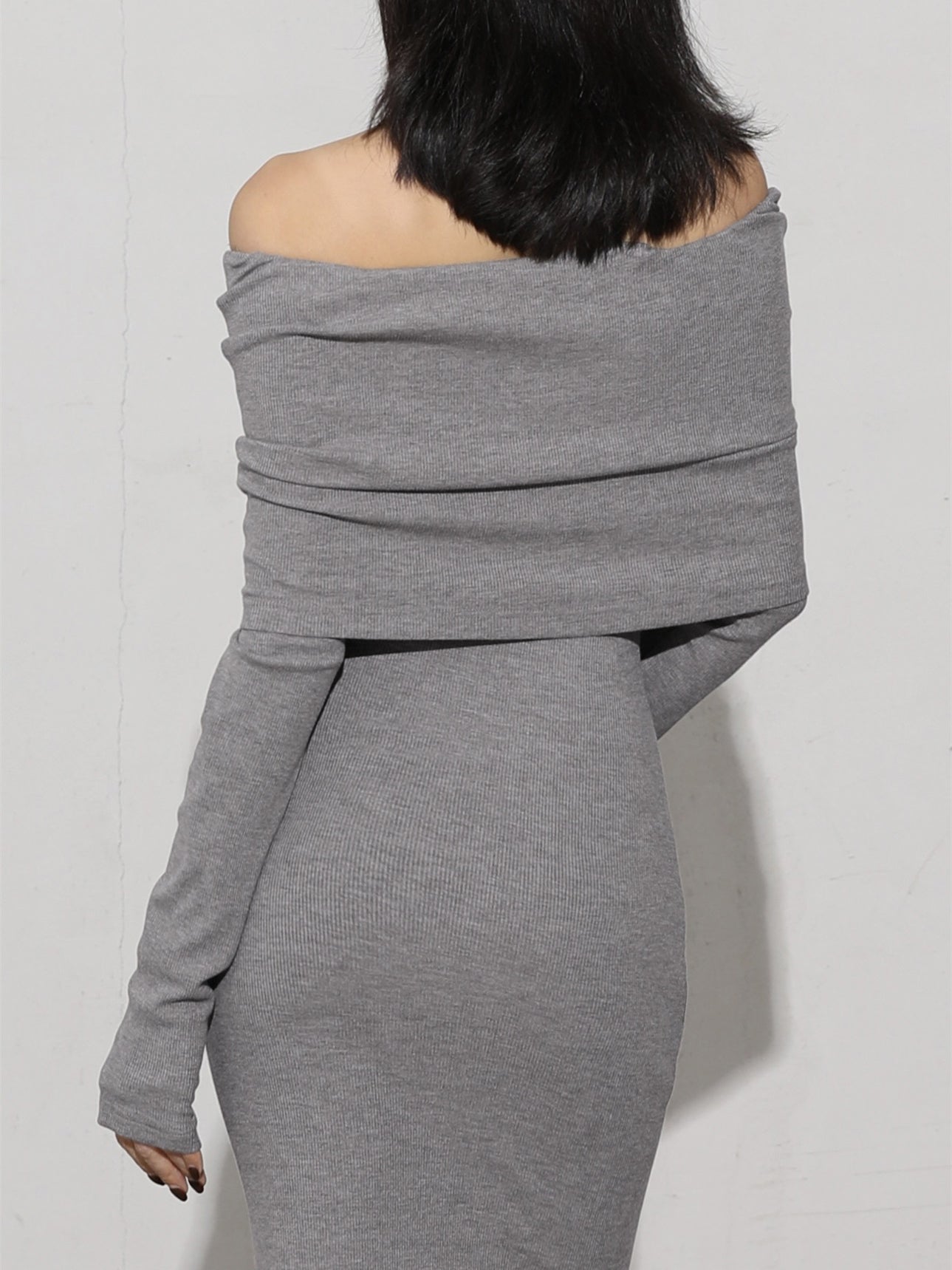 Charcoal Off Shoulder Overfold Modern Long Sleeve Long Dress