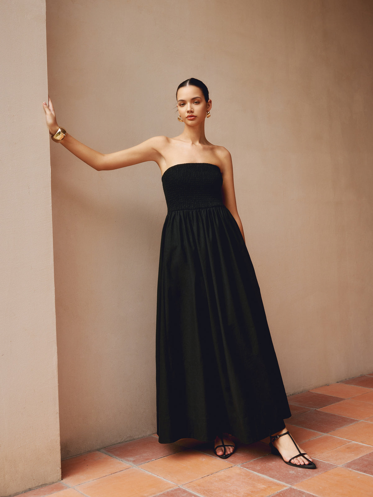 Cotton & Linen Trendy Pleat Strapless Long Dress