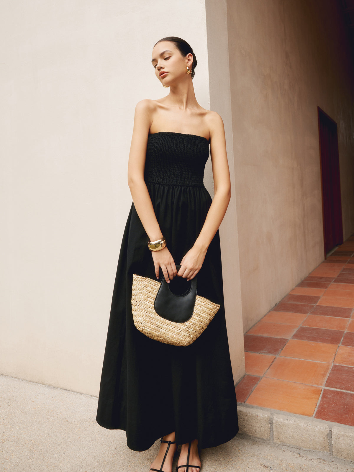 Cotton & Linen Trendy Pleat Strapless Long Dress