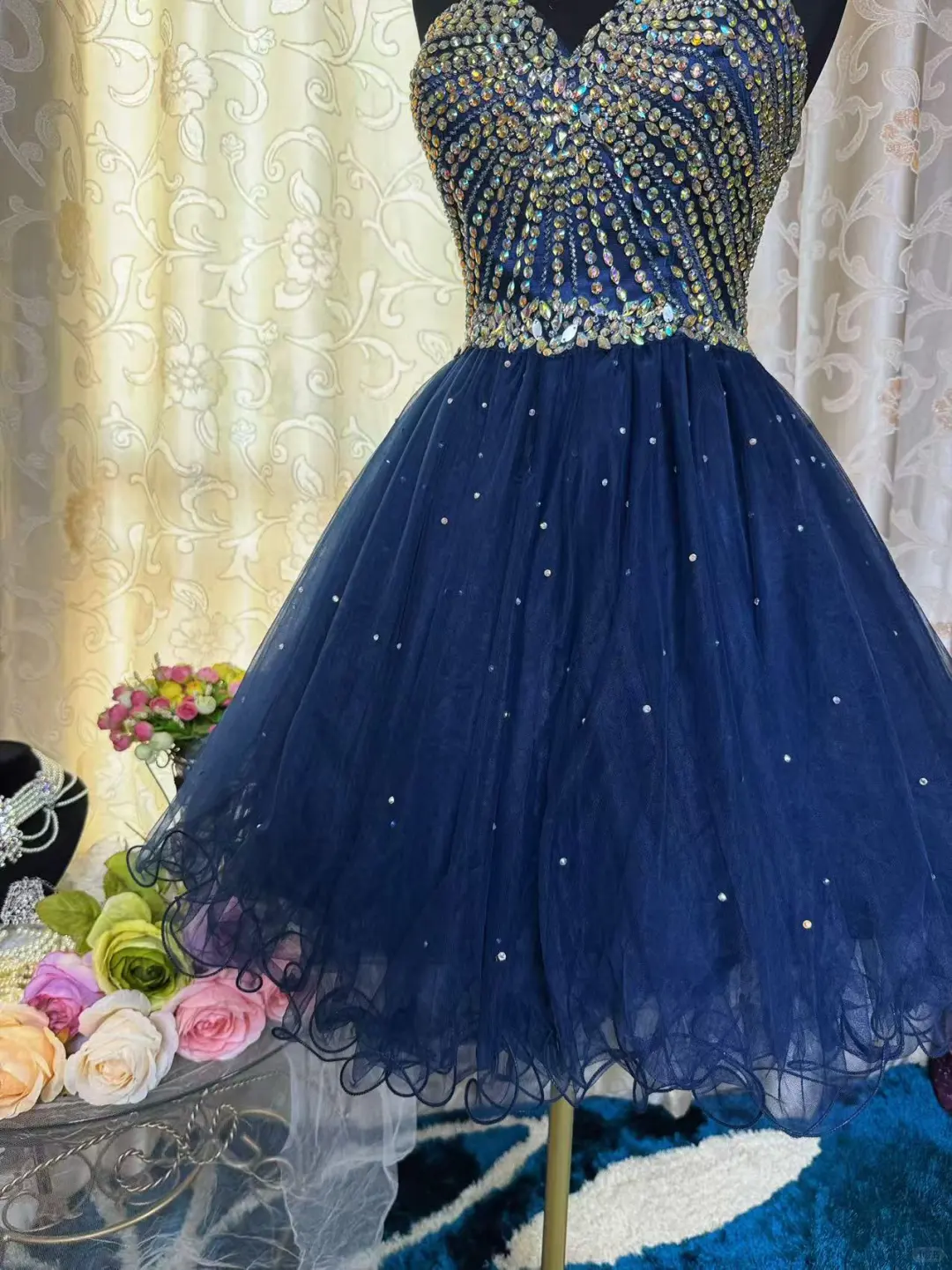 Sparkly Sweetheart Neck Blue Tulle Beaded A-Line Short Prom Dress Formal Homecoming Dress - View 3 | FashionDia
