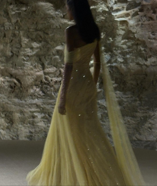 Pretty Tulle Pleated Sequin Mermaid Evening Dress Yellow Long Wedding Guest Dress - View 3 | FashionDia
