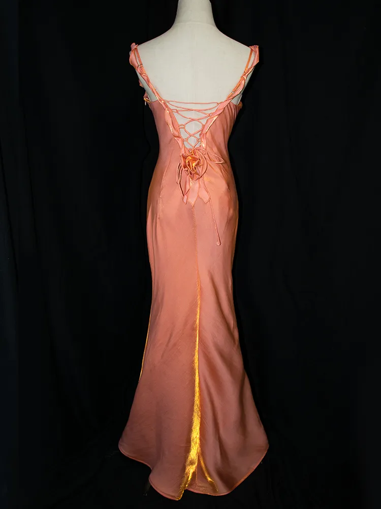 Charming Peach Pink Floral V-Neck Evening Gown Vintage Mermaid Prom Dress - View 3 | FashionDia