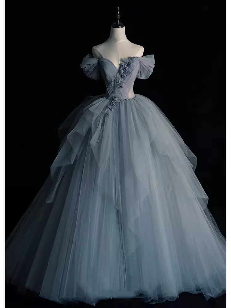 Fairy Ball Gown Off The Shoulder Gray Long Prom Dress