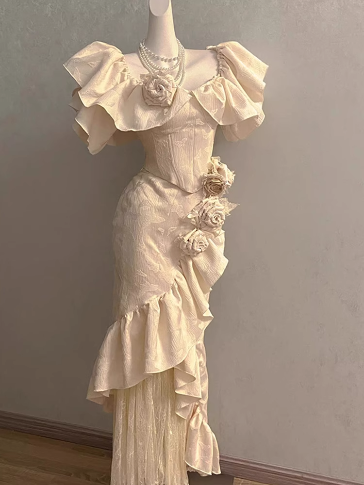 Chic Sheath Square Neckline Floral ivory Long Party Dresses Birthday Outfits With Cap Sleeves