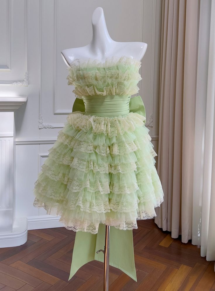 Light Green Tulle Lace Tiered Short Homecoming Dress Birthday Outfits - FashionDia